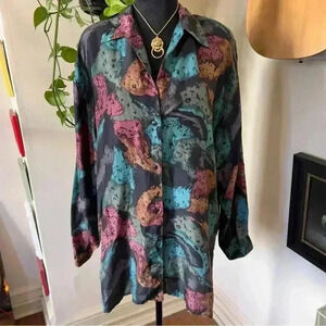 Vtg 80s Stunt Collections 100% Silk Geometric Blouse - Size Large